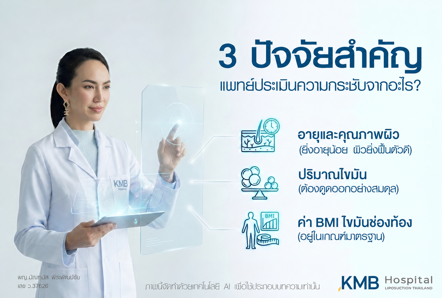 อินโฟกราฟิก KMB Hospital อธิบาย 3 ปัจจัยสำคัญที่แพทย์ใช้ประเมินความกระชับก่อนโปรแกรมดูดไขมัน ได้แก่ อายุและคุณภาพผิว ปริมาณไขมัน รวมถึงค่า BMI และไขมันในช่องท้อง