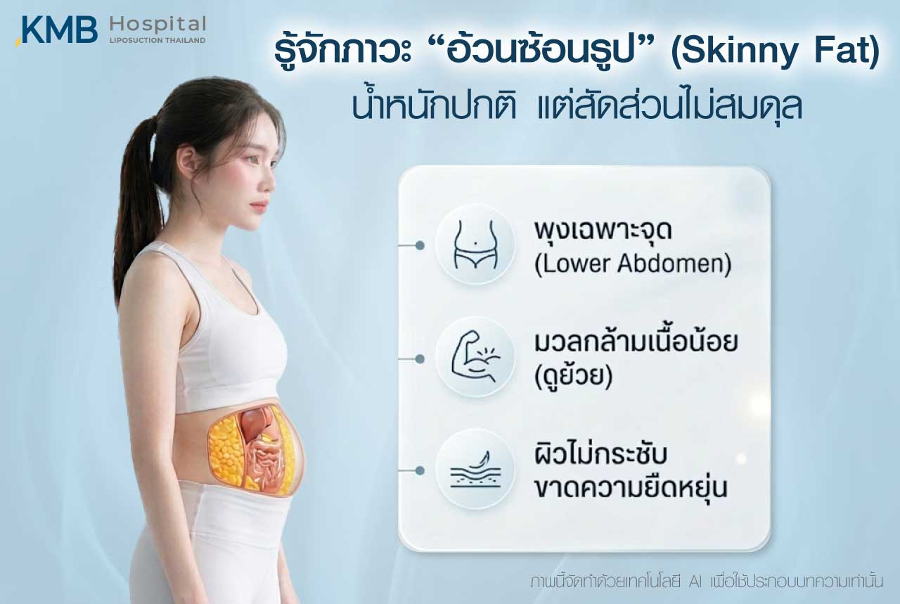 ภาพปกบทความอธิบายภาวะอ้วนซ่อนรูปหรือ Skinny Fat ซึ่งน้ำหนักอาจอยู่ในเกณฑ์ปกติ แต่มีไขมันสะสมบริเวณพุงล่าง มวลกล้ามเนื้อน้อย และสัดส่วนร่างกายไม่สมดุล