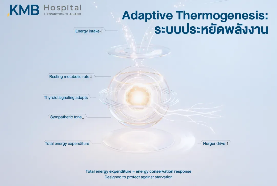อินโฟกราฟิกอธิบาย Adaptive Thermogenesis หรือระบบประหยัดพลังงานของร่างกาย เมื่อได้รับพลังงานลดลง อัตราการเผาผลาญขณะพัก การส่งสัญญาณของไทรอยด์ การทำงานของระบบประสาทซิมพาเทติก และการใช้พลังงานรวมอาจลดลง ขณะที่แรงขับความหิวเพิ่มขึ้น