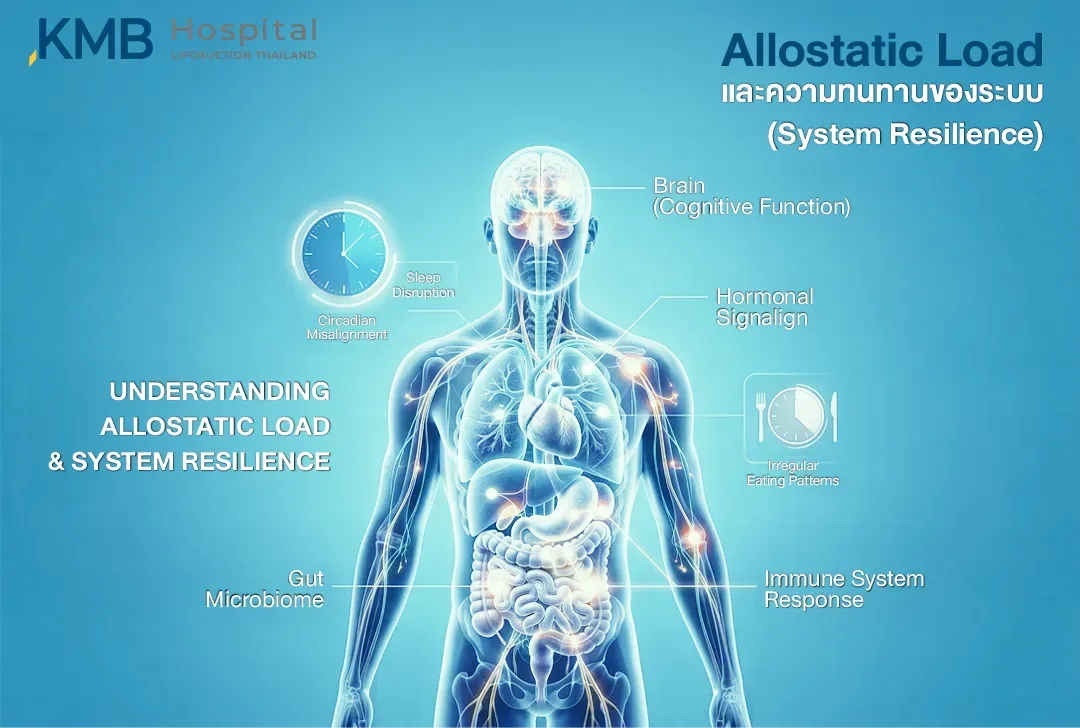 อินโฟกราฟิกแสดง Allostatic Load และความยืดหยุ่นของระบบร่างกาย โดยเชื่อมโยงการทำงานของสมอง สัญญาณฮอร์โมน ระบบภูมิคุ้มกัน และ Gut Microbiome กับการนอนผิดจังหวะ นาฬิกาชีวภาพคลาดเคลื่อน และการรับประทานอาหารไม่เป็นเวลา