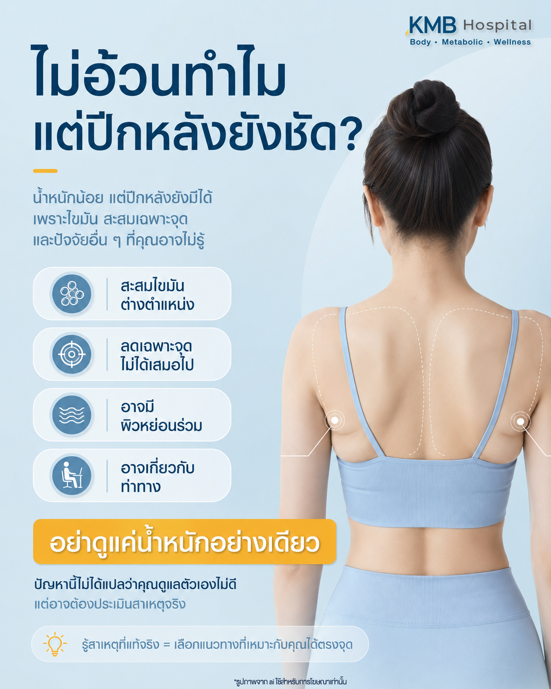 อินโฟกราฟิก KMB Hospital อธิบายสาเหตุที่ทำให้น้ำหนักไม่มากแต่ปีกหลังยังชัด เช่น การสะสมไขมันต่างตำแหน่ง ไขมันเฉพาะจุด ผิวหย่อน และลักษณะท่าทาง พร้อมเน้นว่าควรประเมินสาเหตุจริงก่อนวางแผนการดูแล