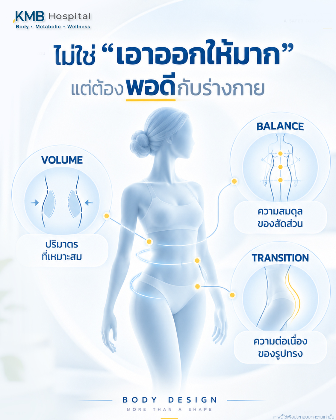 อินโฟกราฟิกแสดงความสัมพันธ์ระหว่างปริมาตรไขมัน ความสมดุล และแนวต่อเนื่องของรูปร่างในการออกแบบ Body Design