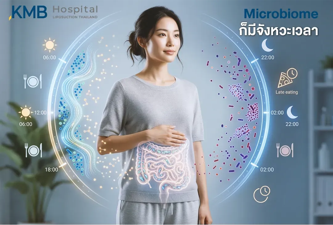 ผู้หญิงยืนพร้อมกราฟิกระบบทางเดินอาหารและนาฬิกาชีวภาพตลอด 24 ชั่วโมง แสดงจังหวะของ Gut Microbiome ที่เปลี่ยนแปลงระหว่างกลางวันกับกลางคืน รวมถึงการรับประทานอาหารดึกที่อาจรบกวนจังหวะการทำงานของลำไส้