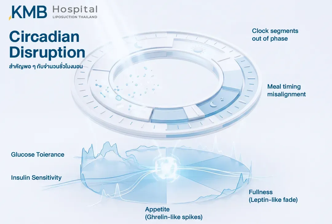 อินโฟกราฟิกแสดงภาวะ Circadian Disruption และเวลารับประทานอาหารที่ไม่สอดคล้องกับนาฬิกาชีวภาพ ซึ่งเชื่อมโยงกับการเปลี่ยนแปลงของความอยากอาหาร ความอิ่ม การตอบสนองต่อกลูโคส และความไวต่ออินซูลิน