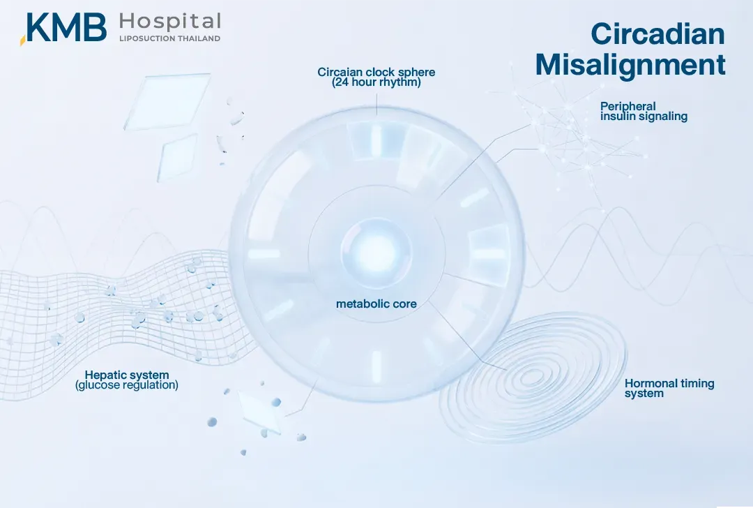 อินโฟกราฟิกนาฬิกาชีวภาพแสดงภาวะ Circadian Misalignment และความเชื่อมโยงกับระบบควบคุมการเผาผลาญ การส่งสัญญาณอินซูลินในเนื้อเยื่อ การควบคุมกลูโคสของตับ และจังหวะการหลั่งฮอร์โมน