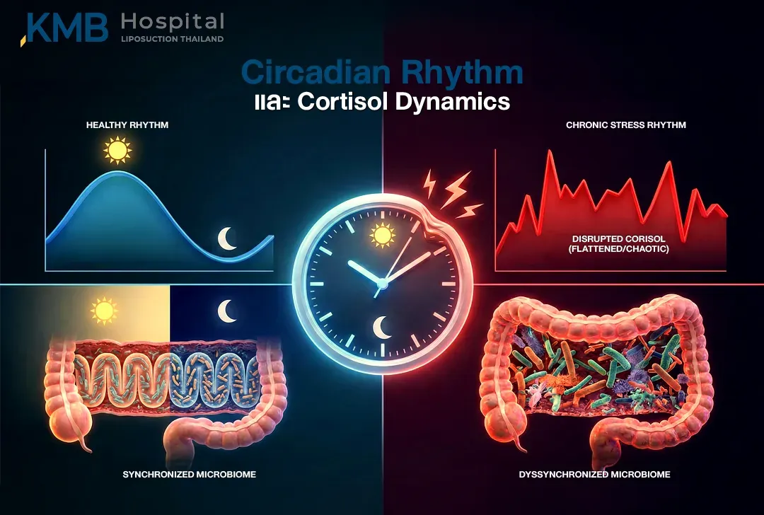 อินโฟกราฟิกเปรียบเทียบจังหวะ Circadian Rhythm และ Cortisol ในภาวะปกติกับความเครียดเรื้อรัง พร้อมแสดง Gut Microbiome ที่ทำงานสอดคล้องตามจังหวะกลางวัน–กลางคืน เทียบกับภาวะจุลินทรีย์ในลำไส้เสียสมดุล