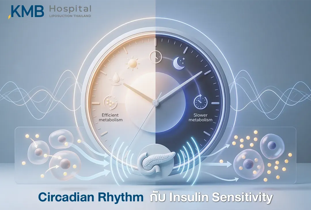 อินโฟกราฟิกนาฬิกาชีวภาพเปรียบเทียบกลางวันและกลางคืน แสดงความไวต่อ Insulin และประสิทธิภาพการเผาผลาญที่เปลี่ยนแปลงตามช่วงเวลา พร้อมภาพตับอ่อนและการตอบสนองของเซลล์ต่อกลูโคส