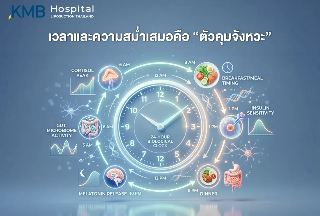 อินโฟกราฟิกนาฬิกาชีวภาพ 24 ชั่วโมง แสดงความเชื่อมโยงระหว่างเวลานอน เวลารับประทานอาหาร จังหวะ Cortisol การหลั่ง Melatonin ความไวต่อ Insulin และกิจกรรมของ Gut Microbiome