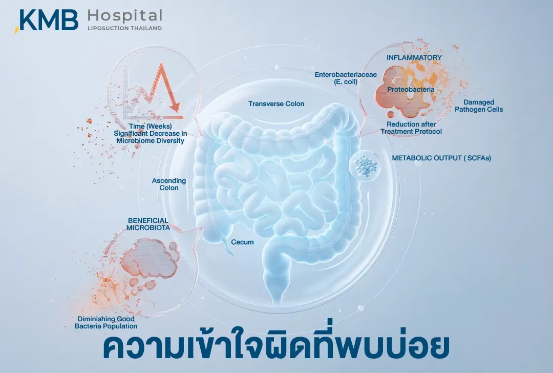 อินโฟกราฟิกแสดงโครงสร้างลำไส้ใหญ่ร่วมกับ Microbiome ที่เป็นประโยชน์และกลุ่มแบคทีเรียที่เกี่ยวข้องกับการอักเสบ พร้อมกราฟแนวโน้มความหลากหลายของจุลินทรีย์ เพื่ออธิบายความเข้าใจผิดที่พบบ่อยเกี่ยวกับสมดุลและความหลากหลายของจุลินทรีย์ในลำไส้