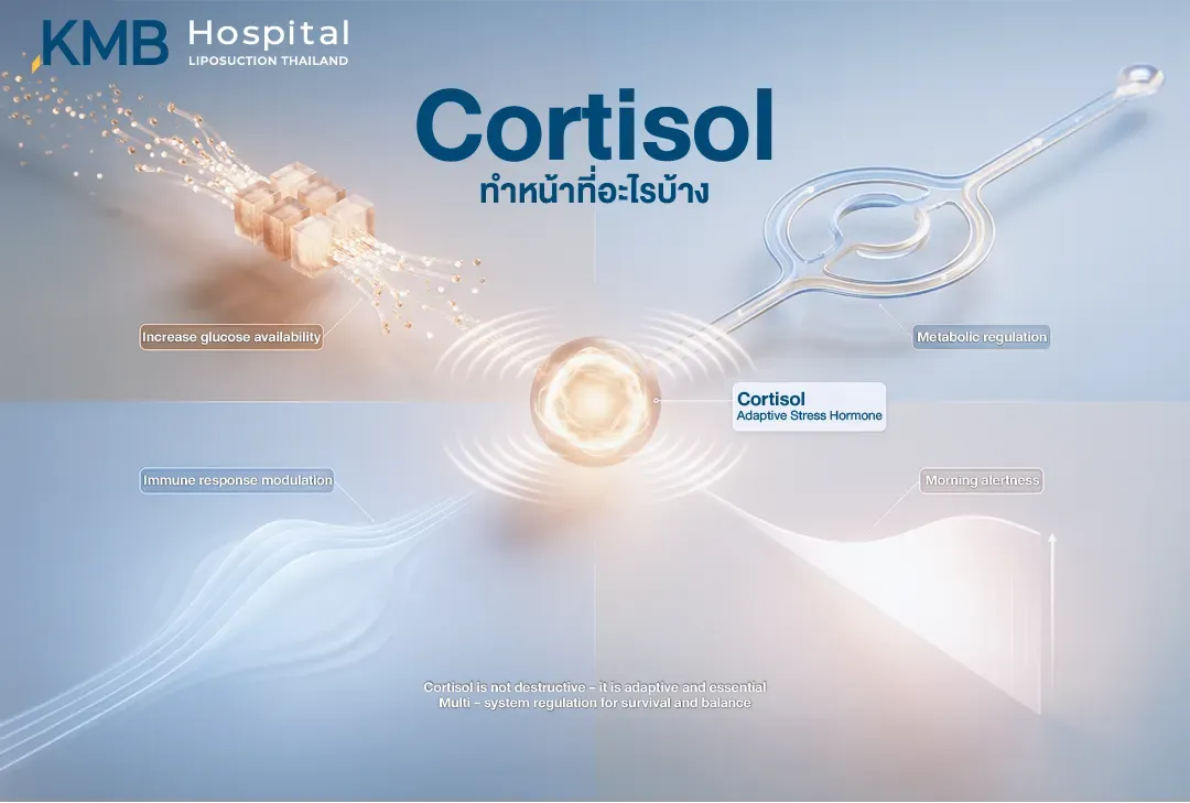 อินโฟกราฟิกแสดงกระบวนการสร้างฮอร์โมน Cortisol ผ่าน HPA Axis ตั้งแต่ Hypothalamus หลั่ง CRH กระตุ้นต่อมใต้สมองให้หลั่ง ACTH และส่งสัญญาณไปยังต่อมหมวกไตส่วน Cortex เพื่อสร้าง Cortisol สำหรับการตอบสนองต่อความเครียดและการปรับสมดุลพลังงาน