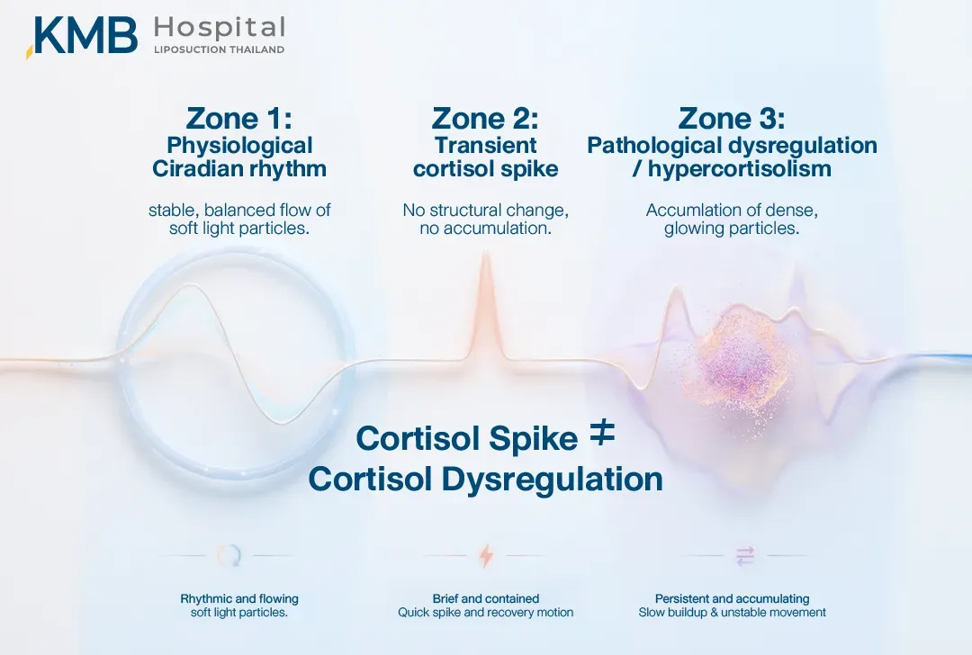อินโฟกราฟิกเปรียบเทียบการทำงานของ Cortisol 3 ระดับ ได้แก่ จังหวะตามนาฬิกาชีวภาพ การเพิ่มขึ้นชั่วคราวแล้วกลับสู่สมดุล และภาวะการควบคุม Cortisol ผิดปกติหรือสูงเรื้อรัง เพื่อเน้นว่า Cortisol Spike ไม่ได้หมายถึง Cortisol Dysregulation เสมอไป
