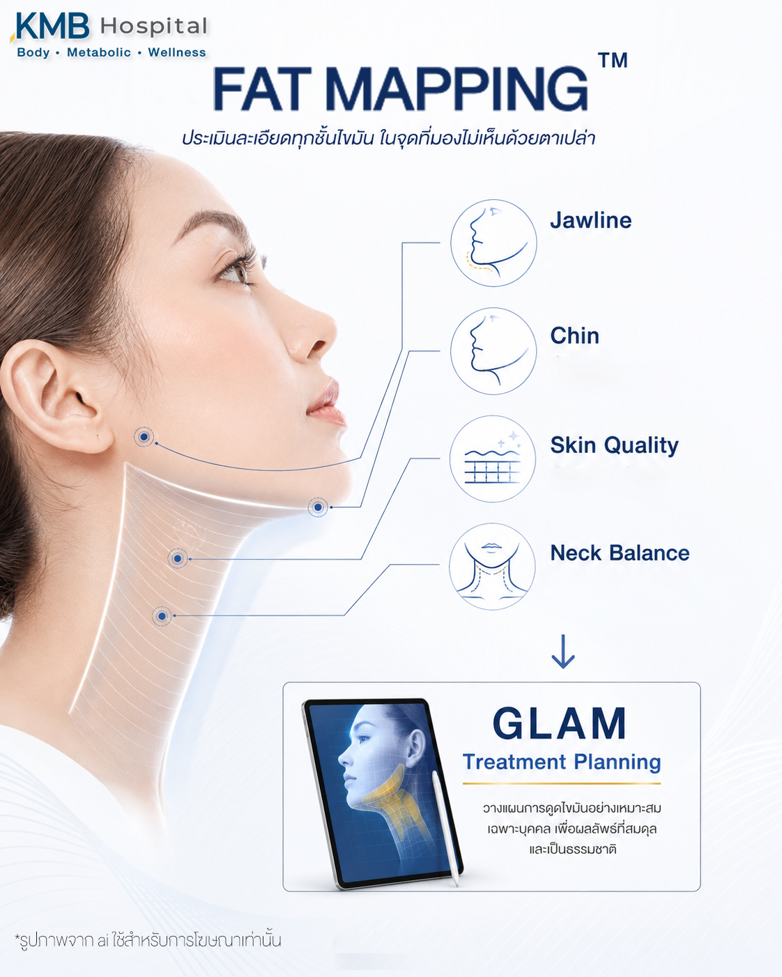 อินโฟกราฟิกแสดงการประเมินก่อนดูดไขมันเหนียงแบบ GLAM Liposculpt™