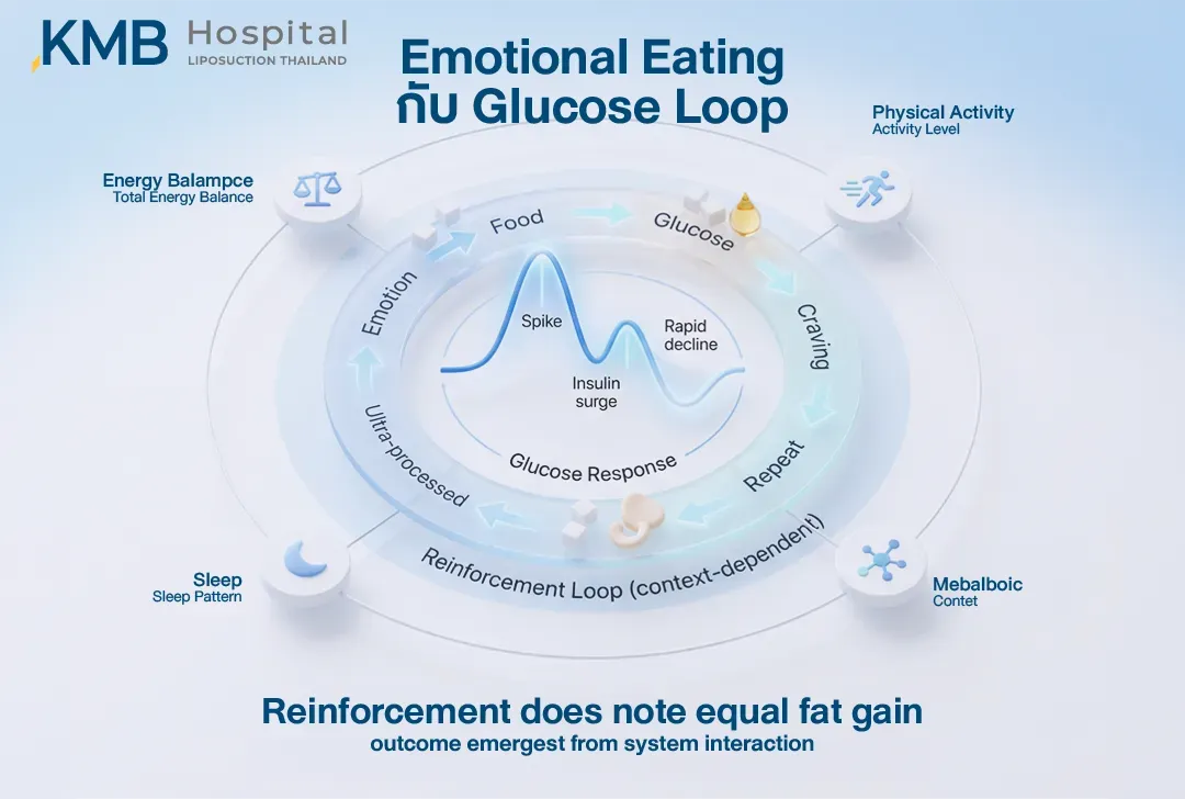 อินโฟกราฟิกแสดงความสัมพันธ์ระหว่าง Emotional Eating กับ Glucose Loop ตั้งแต่การรับประทานอาหาร ระดับกลูโคสเพิ่มขึ้น การหลั่งอินซูลิน ระดับกลูโคสลดลง ความอยากอาหาร และการเกิดพฤติกรรมซ้ำ โดยมีสมดุลพลังงาน การนอน กิจกรรมทางกาย และบริบทด้านเมตาบอลิกเป็นปัจจัยร่วม