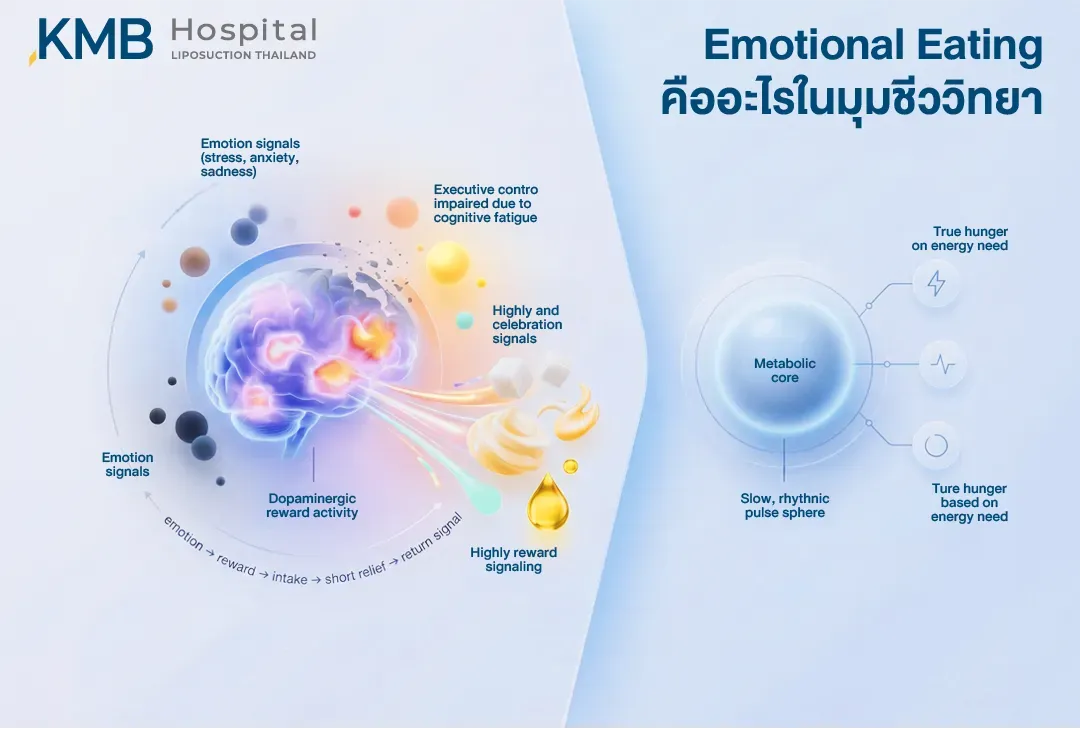อินโฟกราฟิกเปรียบเทียบ Emotional Eating กับความหิวตามความต้องการพลังงาน โดยฝั่ง Emotional Eating แสดงสัญญาณอารมณ์ ความล้าด้านการควบคุมตนเอง และระบบรางวัลโดพามีนที่กระตุ้นการรับประทานเพื่อผ่อนคลายชั่วคราว ส่วนฝั่ง Metabolic Hunger แสดงสัญญาณความหิวที่ค่อยเป็นค่อยไปตามความต้องการพลังงานของร่างกาย