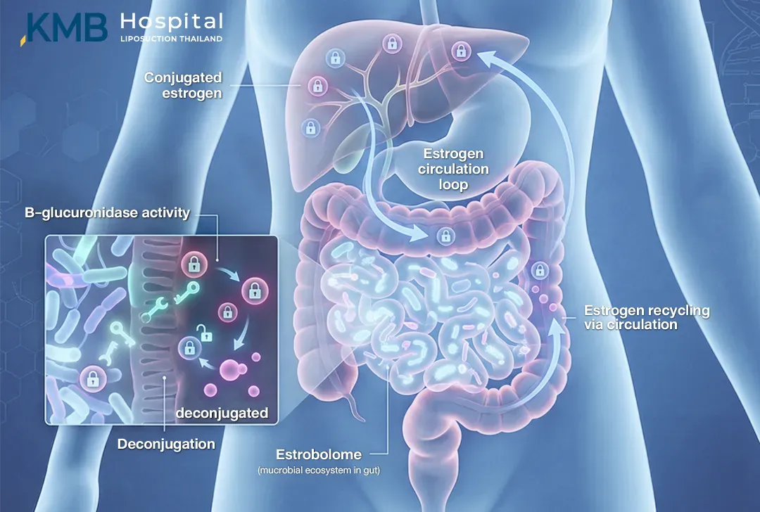 อินโฟกราฟิกแสดงบทบาทของ Estrobolome และเอนไซม์ Beta-glucuronidase ในลำไส้ ซึ่งเกี่ยวข้องกับกระบวนการ Deconjugation และการนำ Estrogen บางส่วนกลับเข้าสู่ระบบไหลเวียนผ่าน Enterohepatic Circulation