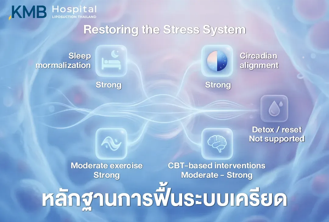 อินโฟกราฟิกสรุปหลักฐานการฟื้นระบบความเครียด โดยการปรับการนอนและนาฬิกาชีวภาพมีหลักฐานสนับสนุนระดับสูง การออกกำลังกายปานกลางมีหลักฐานระดับสูง และการบำบัดแนว CBT มีหลักฐานระดับปานกลางถึงสูง ขณะที่การ Detox หรือ Reset ยังไม่มีหลักฐานรองรับ