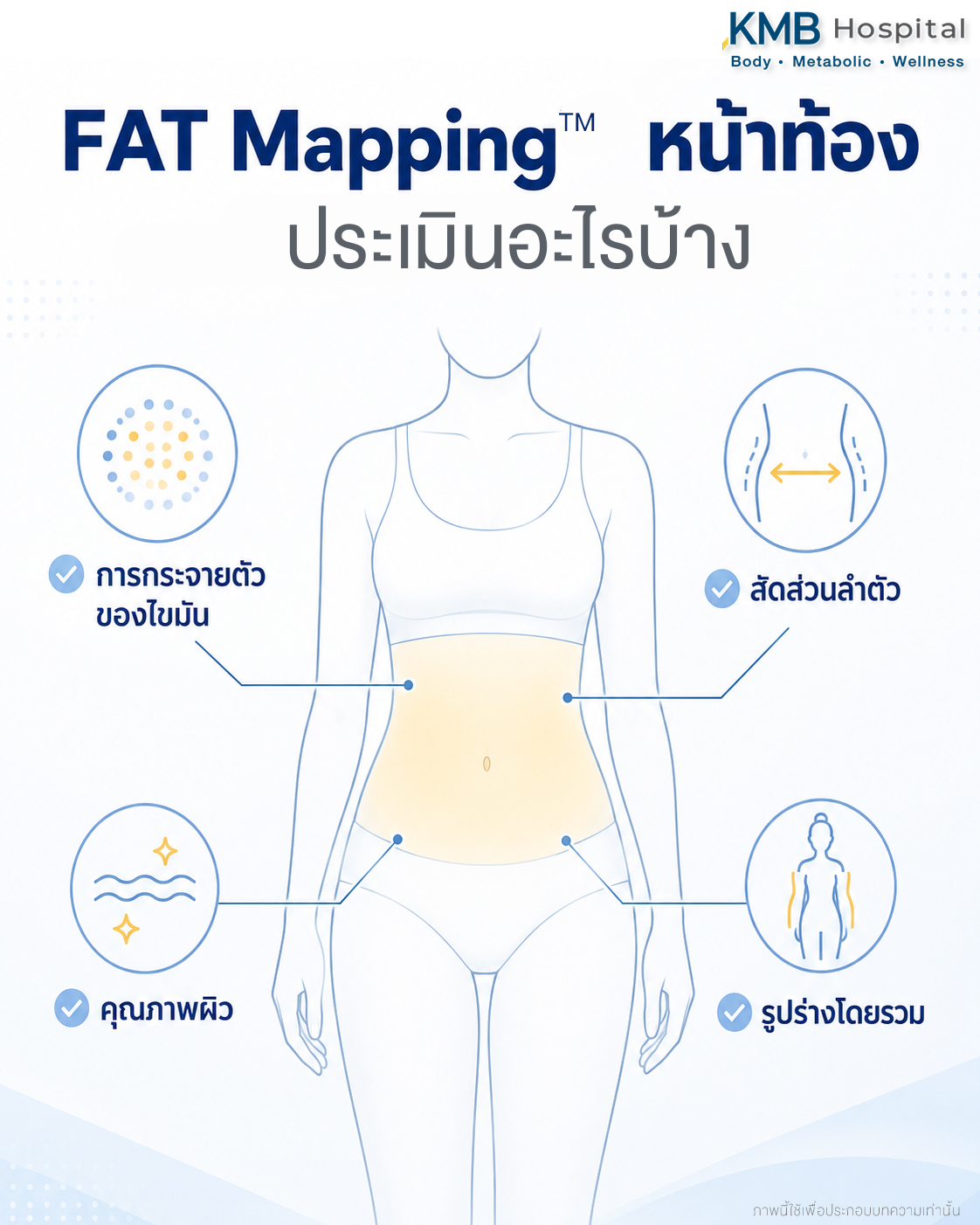 แสดงองค์ประกอบที่ประเมินใน FAT Mapping™ หน้าท้องก่อนดูดไขมัน การประเมินหน้าท้องก่อนดูดไขมัน ต้องอาศัยข้อมูลหลายด้านร่วมกัน ไม่ใช่เพียงปริมาณไขมัน