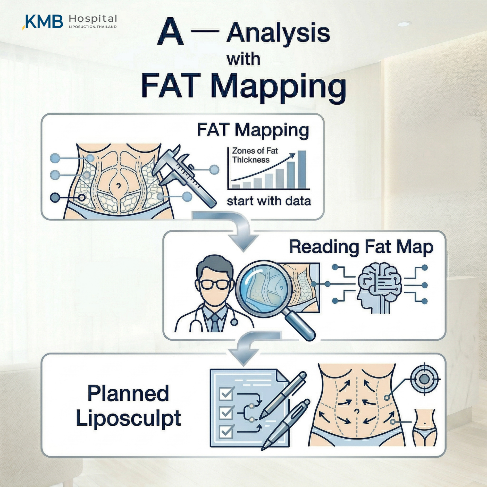 อินโฟกราฟิก KMB Hospital แสดงขั้นตอนการประเมินด้วย FAT Mapping ตั้งแต่การวิเคราะห์ความหนาและตำแหน่งของชั้นไขมัน การอ่านแผนที่ไขมันโดยแพทย์ ไปจนถึงการวางแผนโปรแกรม Liposculpt เฉพาะบุคคล