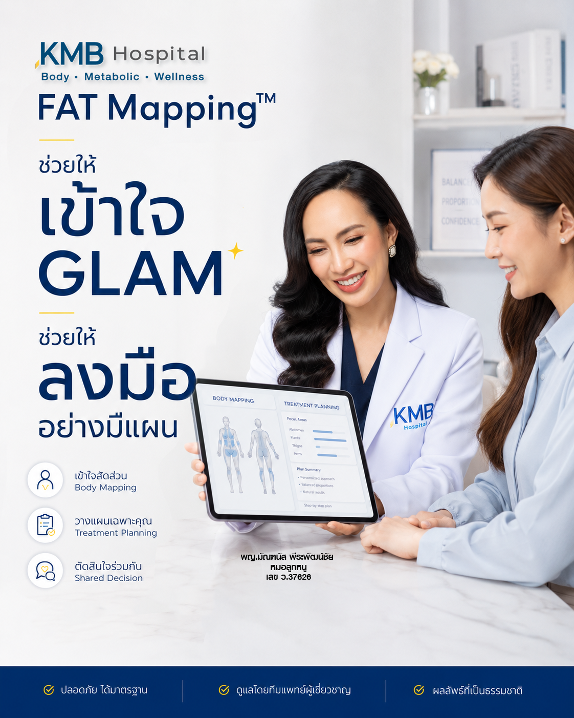 แพทย์ใช้ข้อมูลจาก FAT Mapping™ ร่วมกับ GLAM Liposculpt™ เพื่อวางแผนการดูดไขมัน