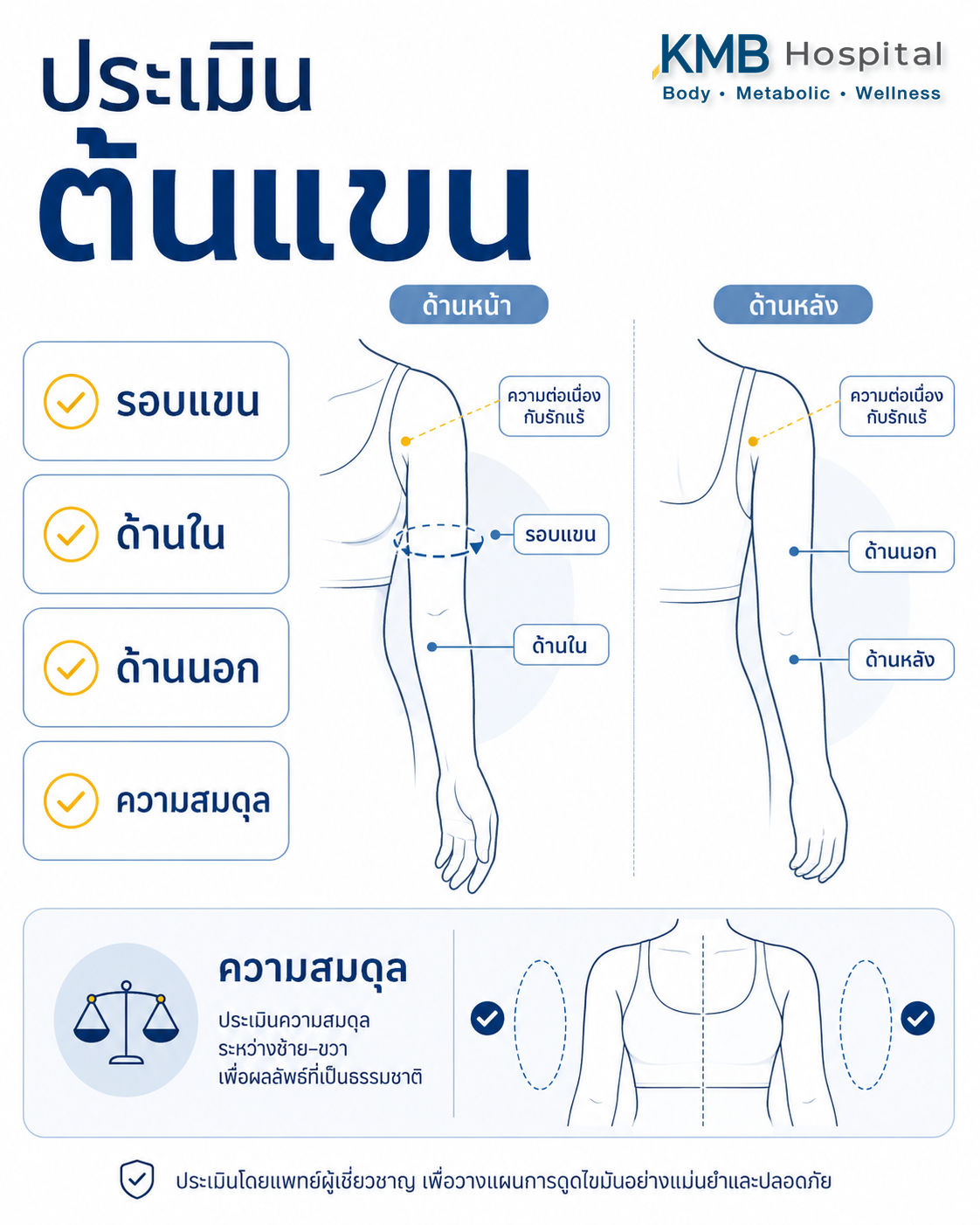 อินโฟกราฟิกแสดงองค์ประกอบที่ประเมินใน FAT Mapping™ ต้นแขนก่อนดูดไขมัน