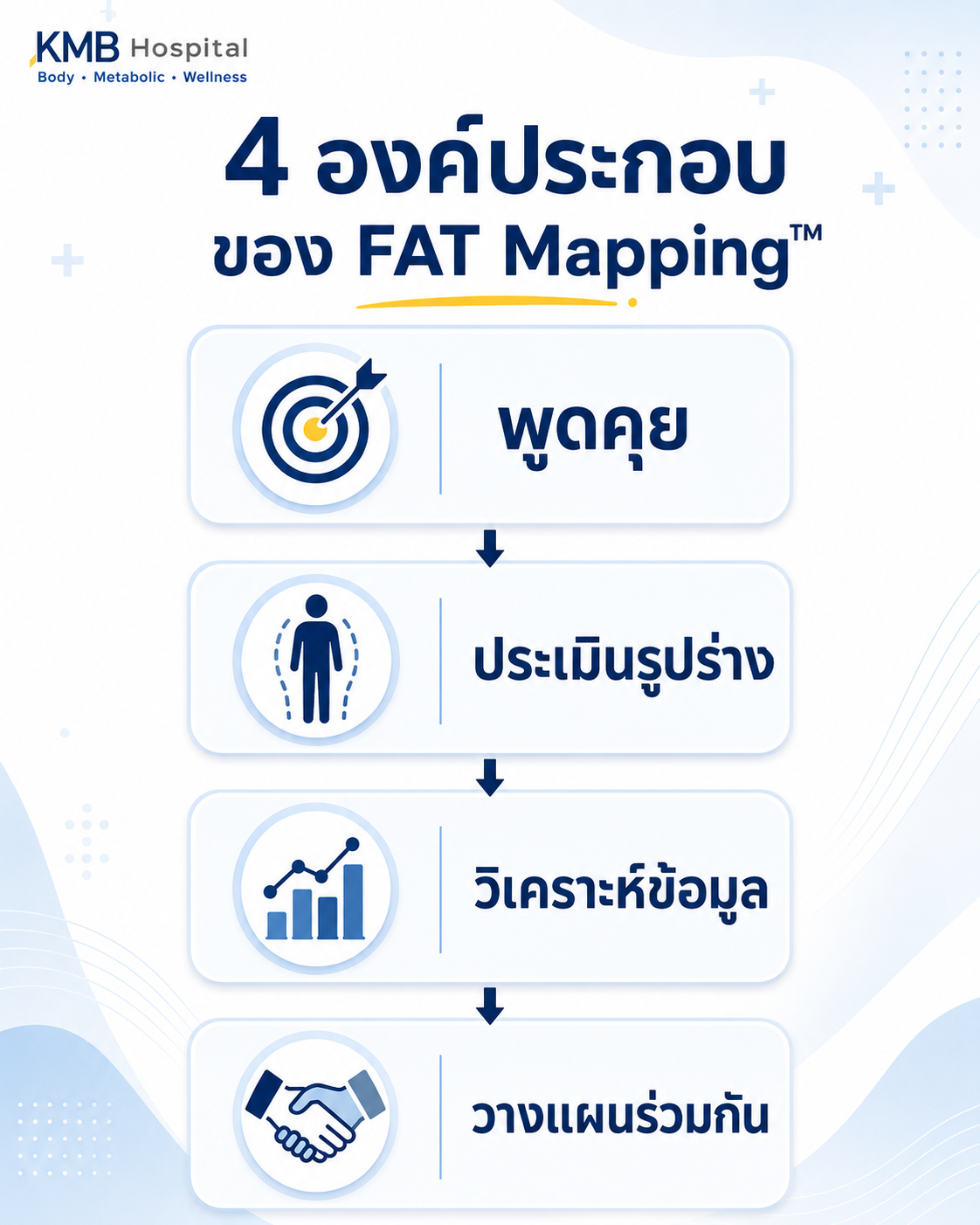 แผนภาพแสดงองค์ประกอบสำคัญของกระบวนการ FAT Mapping ก่อนการวางแผนดูดไขมัน