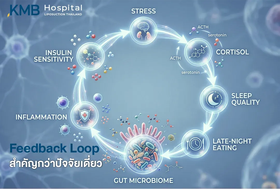อินโฟกราฟิกแสดง Feedback Loop ระหว่าง Gut Microbiome การกินอาหารช่วงดึก คุณภาพการนอน Cortisol ความเครียด ความไวต่ออินซูลิน และการอักเสบ เพื่ออธิบายว่าปัจจัยต่าง ๆ ในร่างกายเชื่อมโยงและส่งผลต่อกันเป็นวงจร