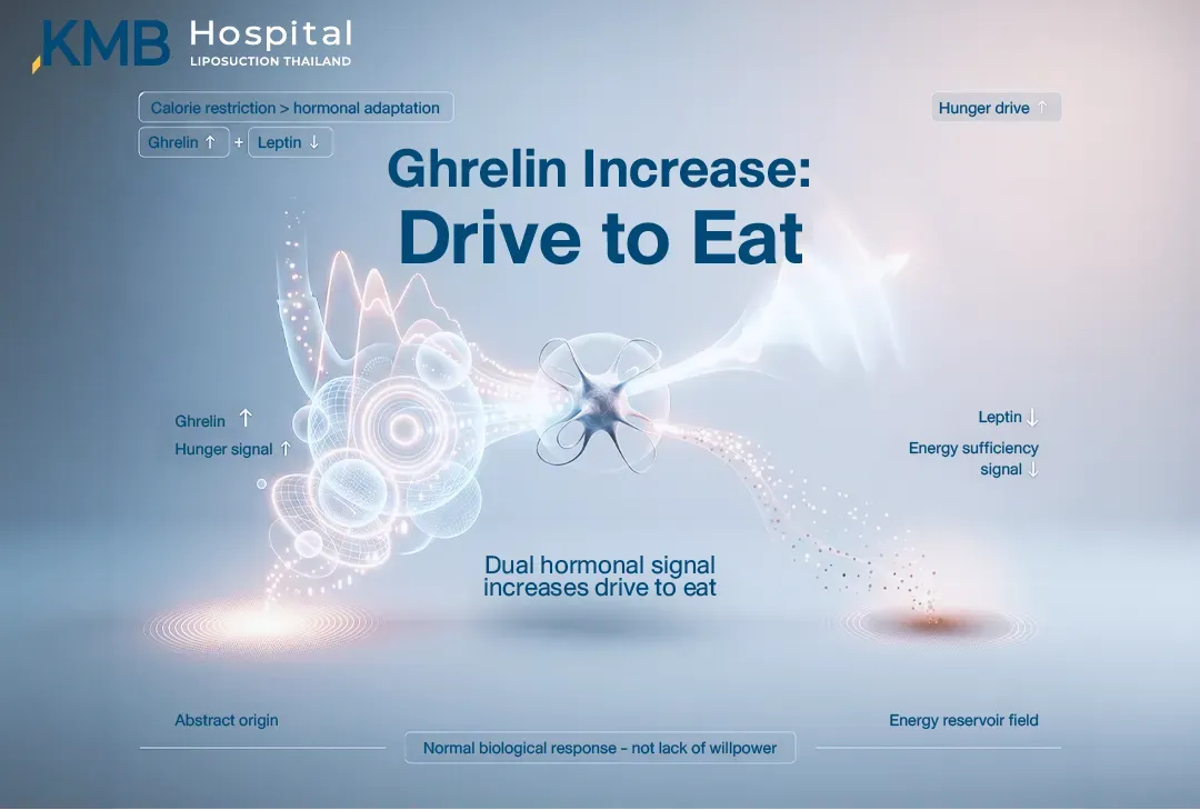 อินโฟกราฟิกอธิบายการตอบสนองของฮอร์โมนระหว่างจำกัดแคลอรี โดยระดับ Ghrelin เพิ่มขึ้นทำให้สัญญาณความหิวเด่นขึ้น ขณะที่ Leptin ลดลงทำให้สัญญาณความเพียงพอของพลังงานลดลง ส่งผลให้แรงกระตุ้นให้อยากกินเพิ่มขึ้นตามกลไกทางชีวภาพ