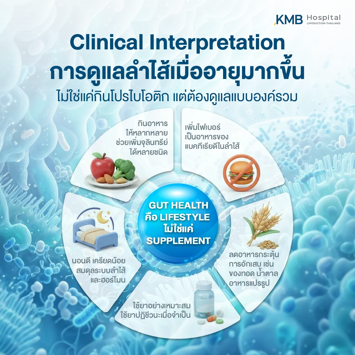 อินโฟกราฟิก KMB Hospital อธิบายแนวทางดูแลสุขภาพลำไส้ในผู้สูงอายุแบบองค์รวม ได้แก่ รับประทานอาหารหลากหลาย เพิ่มไฟเบอร์ นอนหลับให้เพียงพอ ลดอาหารกระตุ้นการอักเสบ และใช้ยาหรือยาปฏิชีวนะอย่างเหมาะสม