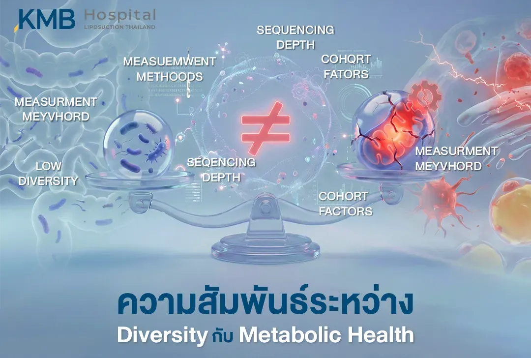 อินโฟกราฟิกแสดงความสัมพันธ์ระหว่างความหลากหลายของ Gut Microbiome กับสุขภาพเมตาบอลิก พร้อมอธิบายว่าผลการศึกษาอาจแตกต่างกันตามวิธีการตรวจ ความลึกของการวิเคราะห์ และปัจจัยของกลุ่มตัวอย่าง