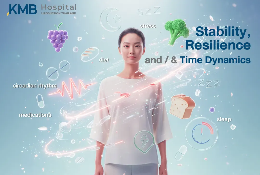 อินโฟกราฟิกอธิบายความมั่นคงและความยืดหยุ่นของ Gut Microbiome ที่เปลี่ยนแปลงตามเวลา โดยได้รับอิทธิพลจากความเครียด อาหาร จังหวะ Circadian Rhythm การนอน และการใช้ยา