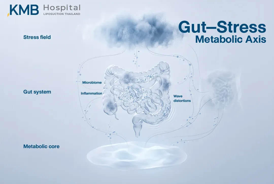 อินโฟกราฟิกสามมิติแสดงความเชื่อมโยงระหว่างสนามความเครียด ระบบลำไส้ Microbiome การอักเสบ และแกนควบคุมระบบเผาผลาญ เพื่ออธิบายการสื่อสารภายใน Gut–Stress Metabolic Axis