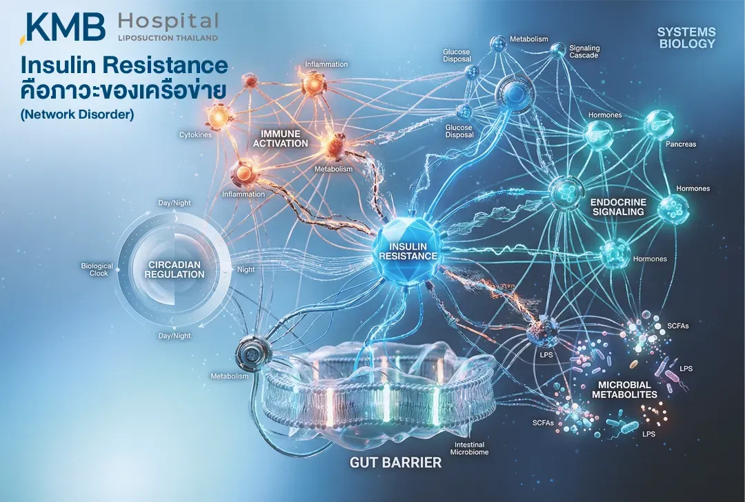 อินโฟกราฟิก Systems Biology แสดงภาวะดื้อต่ออินซูลินเป็นความผิดปกติของเครือข่ายที่เชื่อมโยงการอักเสบ ระบบภูมิคุ้มกัน การส่งสัญญาณฮอร์โมน Gut Barrier สารเมตาบอไลต์จากจุลินทรีย์ และนาฬิกาชีวภาพ