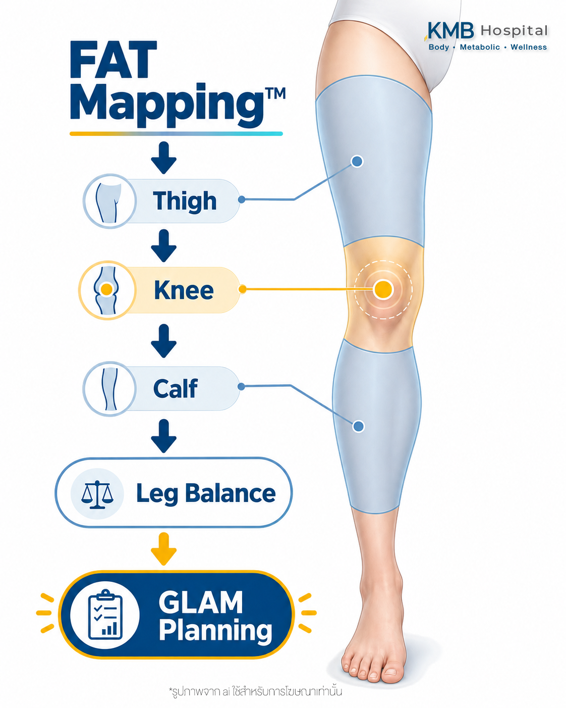อินโฟกราฟิกแสดงการประเมินหัวเข่าและแนวขาก่อนดูดไขมันแบบ GLAM Liposculpt™