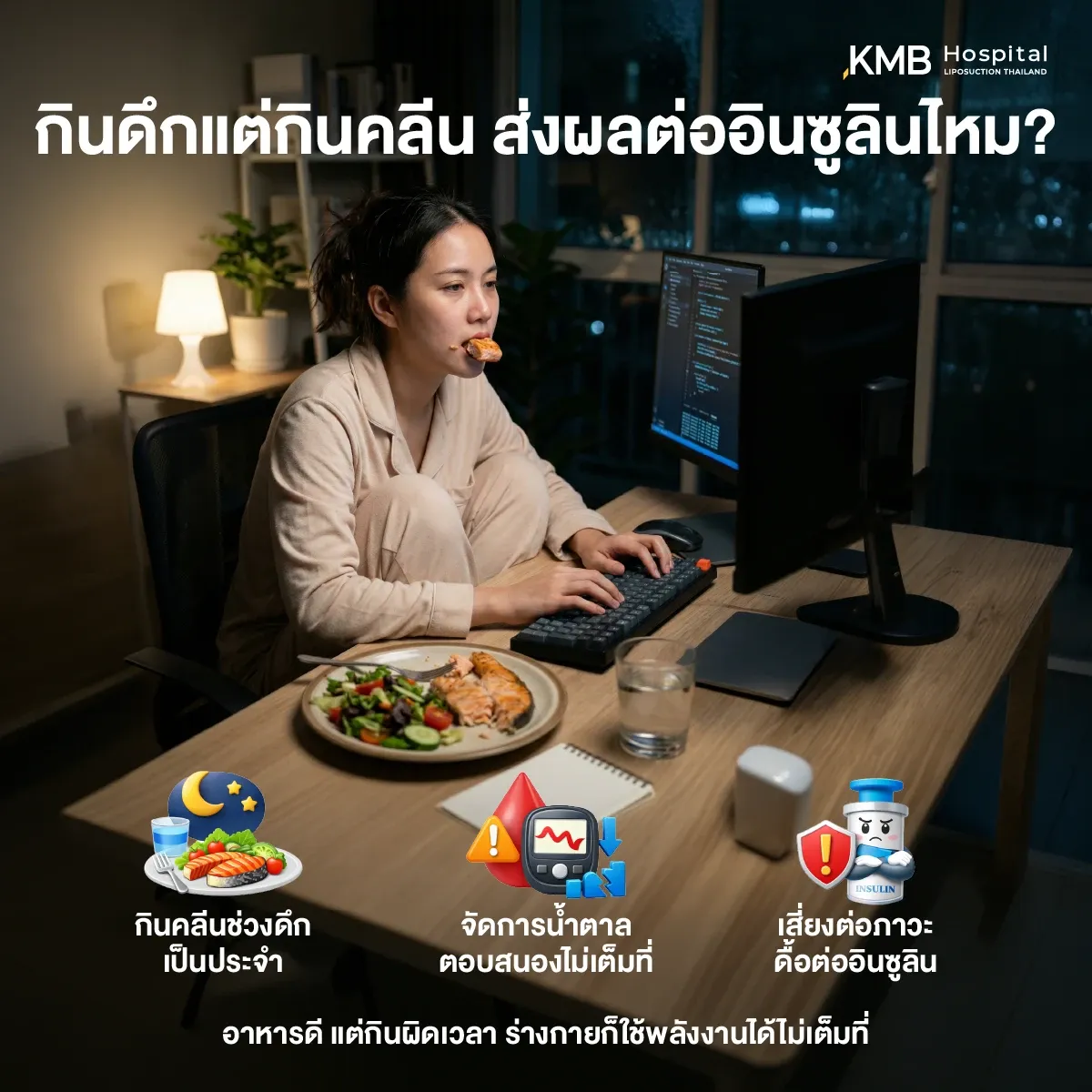 ผู้หญิงรับประทานอาหารระหว่างทำงานช่วงกลางคืน พร้อมอินโฟกราฟิกอธิบายว่าการกินดึกเป็นประจำอาจทำให้การตอบสนองต่ออินซูลินและการควบคุมระดับน้ำตาลทำงานได้ไม่เต็มที่