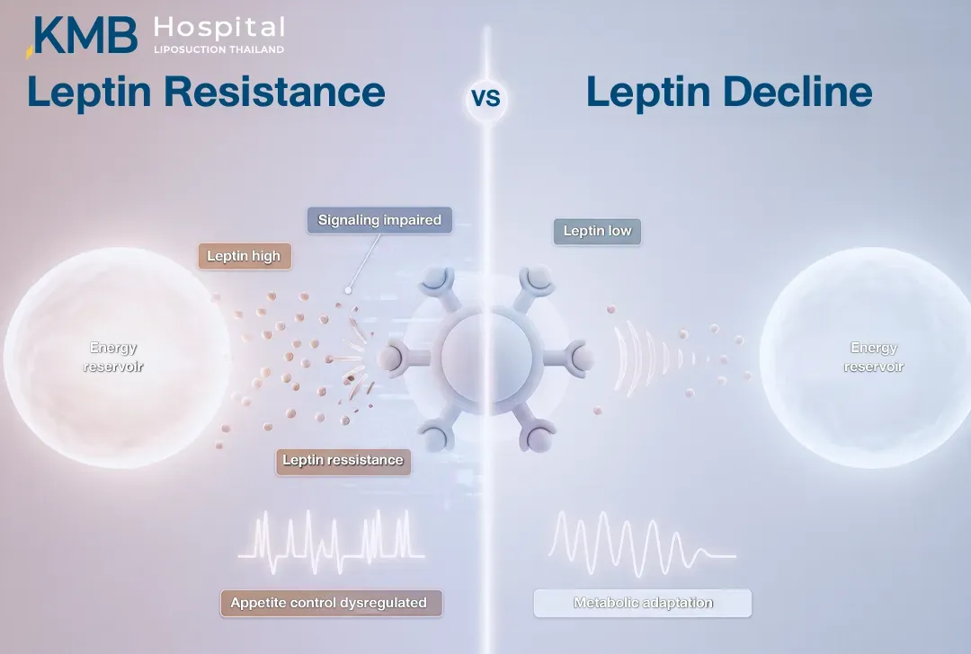 อินโฟกราฟิกเปรียบเทียบ Leptin Resistance ซึ่งมีระดับ Leptin สูงแต่การส่งสัญญาณควบคุมความอยากอาหารบกพร่อง กับ Leptin Decline ซึ่งระดับ Leptin ลดลงและร่างกายเกิดการปรับตัวด้านการใช้พลังงานระหว่างการจำกัดแคลอรี