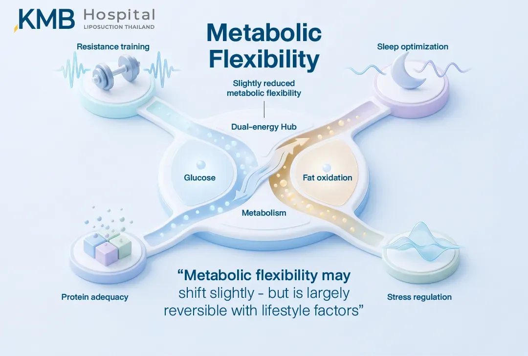 อินโฟกราฟิกอธิบาย Metabolic Flexibility หรือความสามารถของร่างกายในการสลับใช้กลูโคสและไขมันเป็นพลังงาน พร้อมปัจจัยสนับสนุน ได้แก่ การฝึกแรงต้าน โปรตีนที่เพียงพอ การนอนหลับ และการจัดการความเครียด