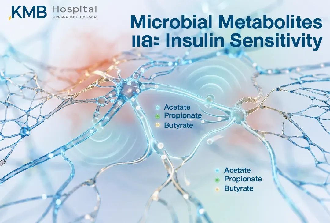 อินโฟกราฟิกแสดง Microbial Metabolites หรือกรดไขมันสายสั้น ได้แก่ Acetate, Propionate และ Butyrate ซึ่งผลิตจากจุลินทรีย์ในลำไส้ และอาจเกี่ยวข้องกับการควบคุมการอักเสบและความไวไวต่ออินซูลิน