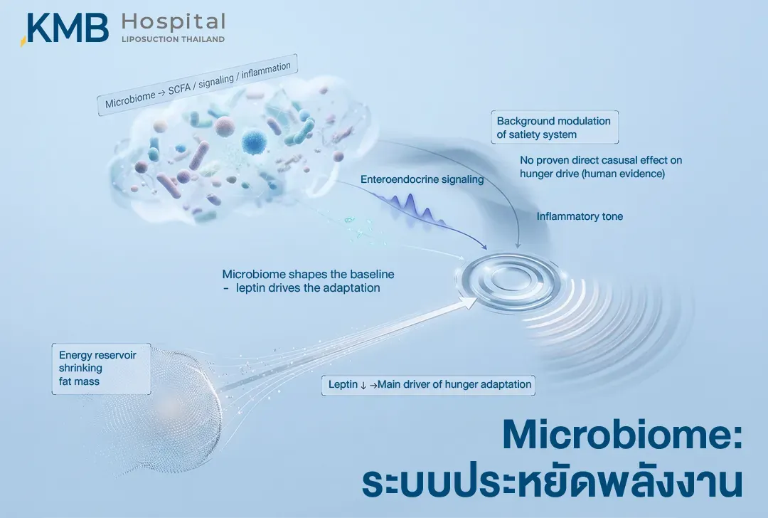 อินโฟกราฟิกแสดงบทบาทของ Microbiome ต่อระบบควบคุมความอิ่ม ผ่านการส่งสัญญาณจากลำไส้และระดับการอักเสบ โดยมีการลดลงของ Leptin จากมวลไขมันที่ลดลงเป็นกลไกหลักของการปรับตัวด้านความหิวระหว่างจำกัดพลังงาน