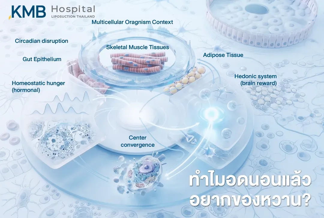 อินโฟกราฟิกอธิบายกลไกที่ทำให้อดนอนแล้วอยากของหวาน โดยเชื่อมโยง Circadian Disruption เยื่อบุลำไส้ เนื้อเยื่อกล้ามเนื้อ เนื้อเยื่อไขมัน ความหิวจากฮอร์โมน และระบบรางวัลในสมอง