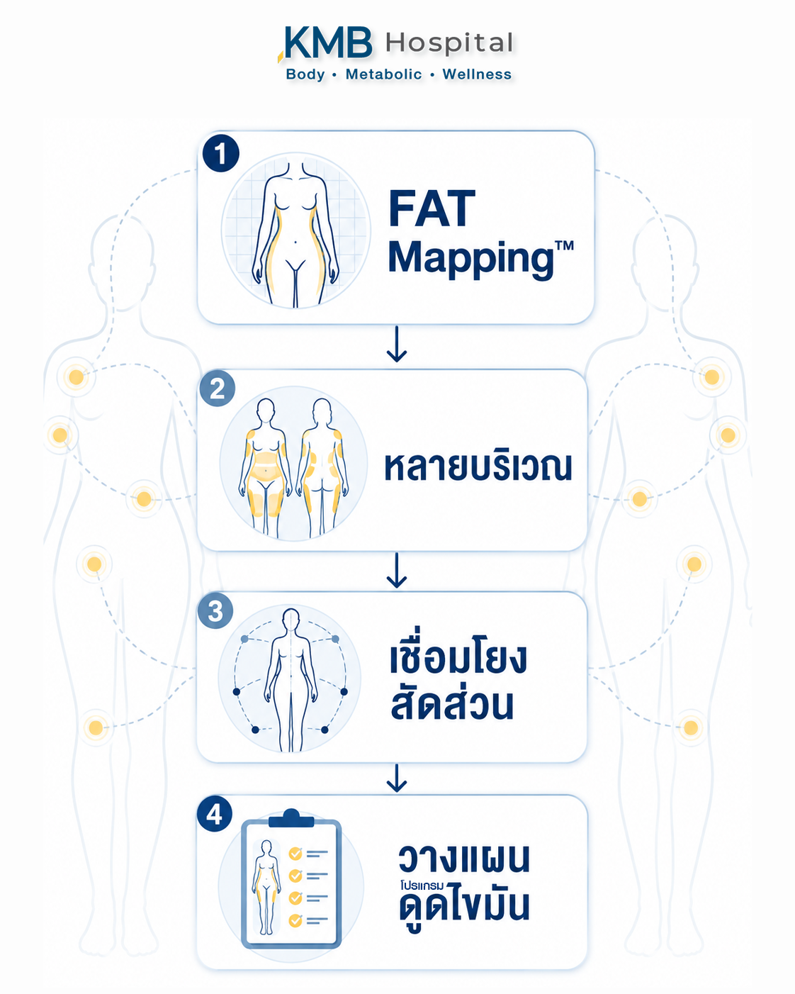อินโฟกราฟิกแสดงการใช้ FAT Mapping™ เพื่อวางแผนดูดไขมันหลายบริเวณ
