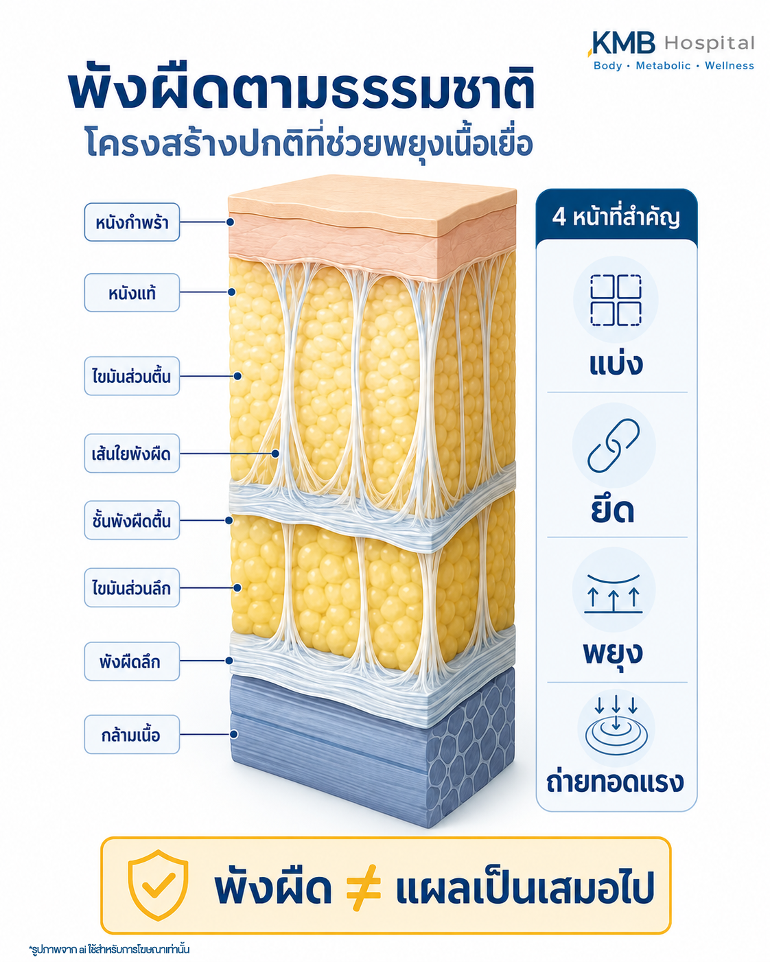 ภาพ Medical Illustration แสดงพังผืดตามธรรมชาติที่แบ่งไขมันใต้ผิวหนังเป็นส่วนตื้นและส่วนลึก พร้อมเส้นใยยึดผิวหนังกับโครงสร้างด้านล่าง