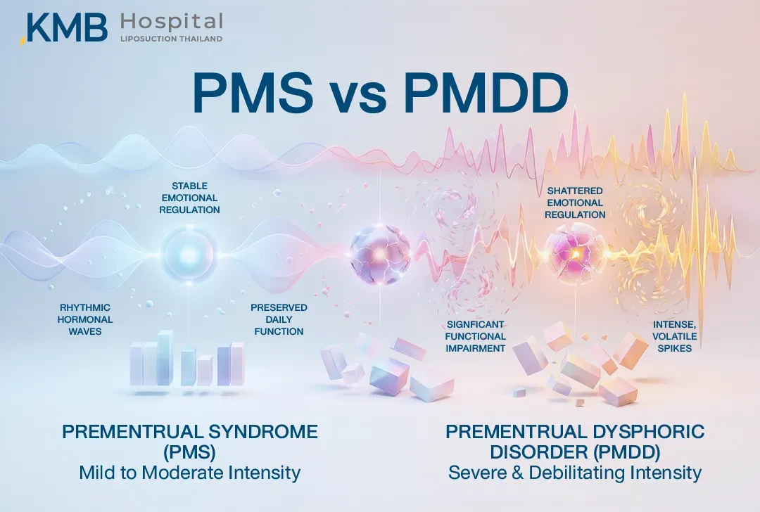 อินโฟกราฟิกเปรียบเทียบ PMS และ PMDD โดยแสดงความแตกต่างด้านความรุนแรงของอารมณ์ รูปแบบความผันผวนของฮอร์โมน และผลกระทบต่อการใช้ชีวิตประจำวัน