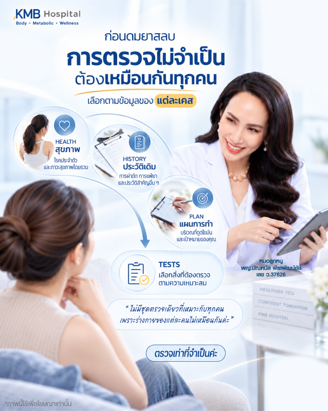 ภาพอธิบายว่าการตรวจเลือด การตรวจคลื่นไฟฟ้าหัวใจ หรือการตรวจเพิ่มเติมก่อนดมยาสลบเพื่อดูดไขมันไม่จำเป็นต้องเหมือนกันทุกคน แต่เลือกตามสุขภาพ ประวัติ และแผนของแต่ละเคส