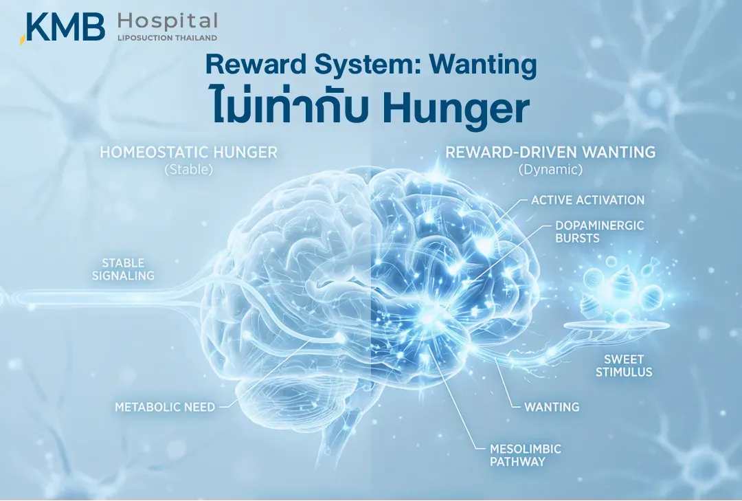อินโฟกราฟิกสมองเปรียบเทียบ Homeostatic Hunger หรือความหิวจากความต้องการพลังงานของร่างกาย กับ Reward-Driven Wanting หรือความอยากจากระบบรางวัล ซึ่งของหวานอาจกระตุ้น Dopamine และเส้นทาง Mesolimbic ทำให้อยากรับประทานต่อแม้ไม่ได้หิวจริง