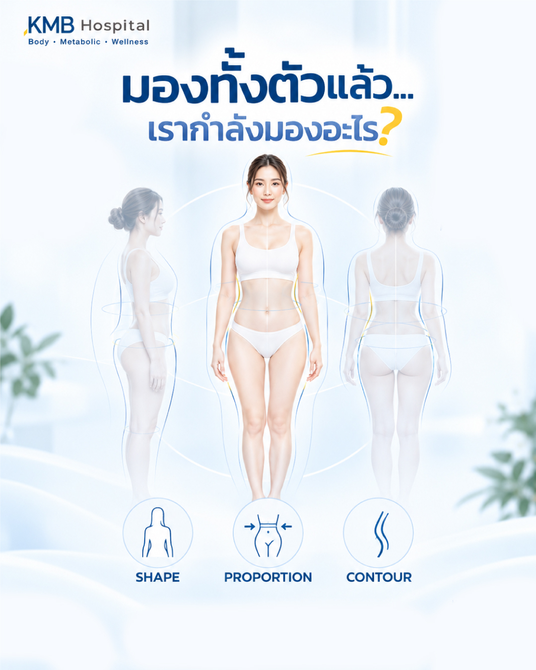 ภาพโครงร่างผู้หญิงพร้อมแนวเส้นการประเมิน เพื่อเกริ่นเข้าสู่ความแตกต่างของ Body Shape Body Proportion และ Body Contour