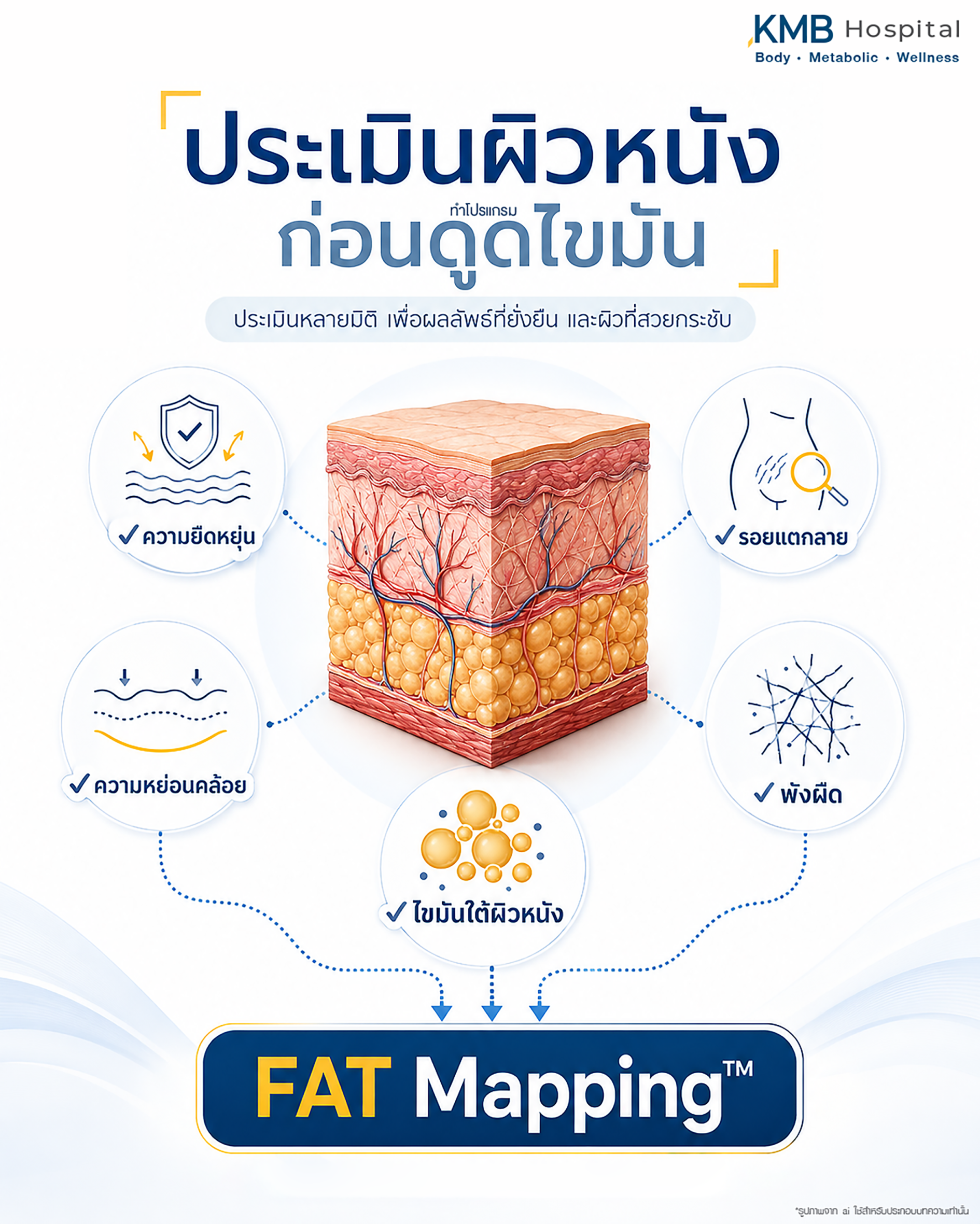 อินโฟกราฟิกแสดงองค์ประกอบที่แพทย์ใช้ประเมินผิวหนังก่อนวางแผนดูดไขมัน