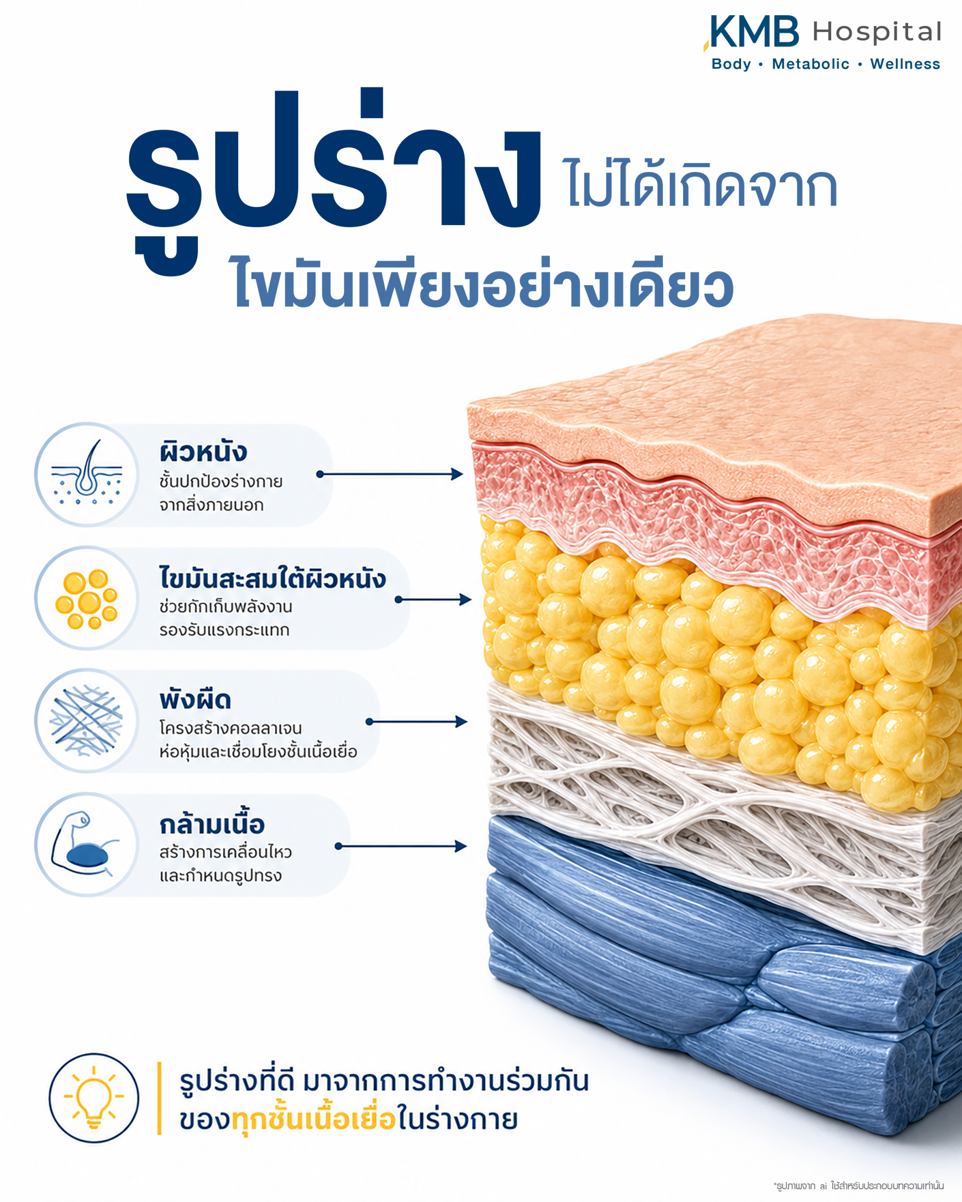 ภาพแสดงความสัมพันธ์ระหว่างผิวหนัง ไขมันใต้ผิวหนัง พังผืด และกล้ามเนื้อก่อนการประเมินดูดไขมัน