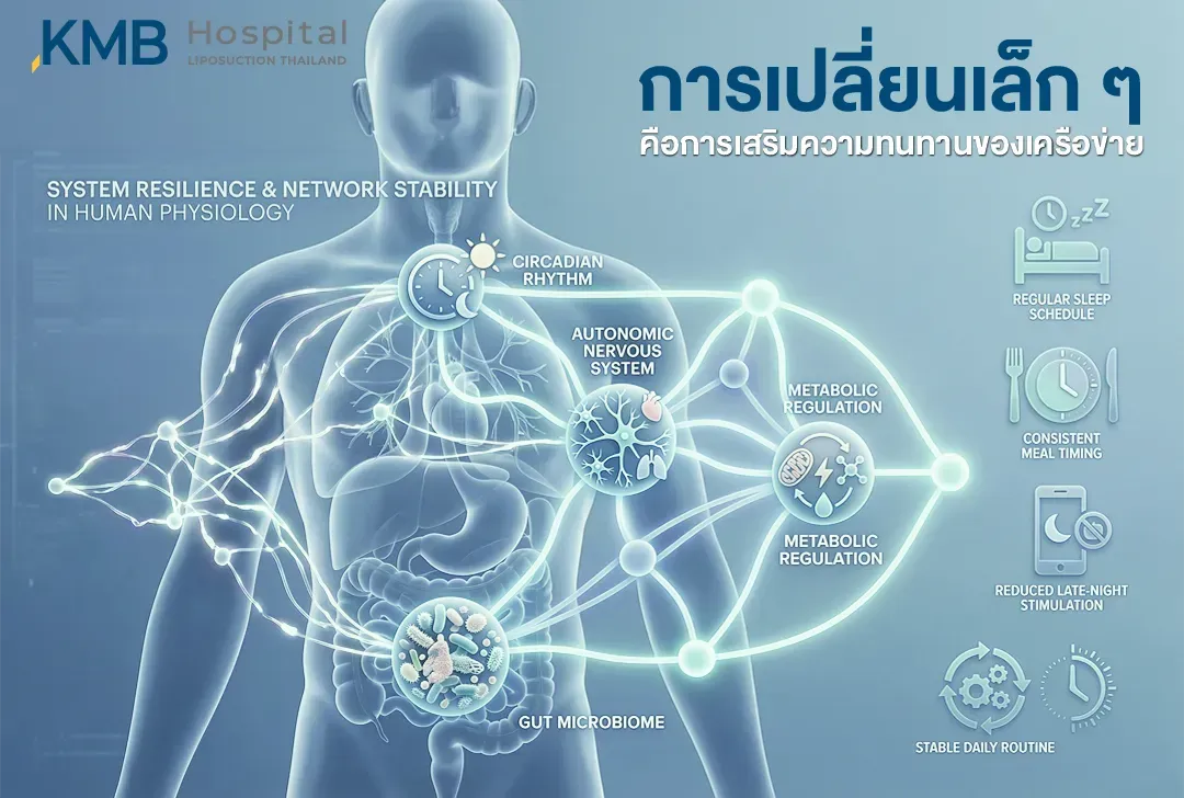 อินโฟกราฟิกแสดงเครือข่ายระบบสรีรวิทยาที่เชื่อมโยง Circadian Rhythm ระบบประสาทอัตโนมัติ การควบคุมเมตาบอลิซึม และ Gut Microbiome พร้อมพฤติกรรมพื้นฐาน ได้แก่ การนอนและรับประทานอาหารเป็นเวลา ลดสิ่งกระตุ้นช่วงกลางคืน และรักษากิจวัตรให้สม่ำเสมอ