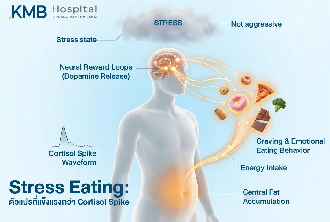 อินโฟกราฟิกแสดงกลไก Stress Eating ตั้งแต่ภาวะเครียด การเพิ่มขึ้นของ Cortisol การกระตุ้นระบบรางวัลในสมองและ Dopamine ไปจนถึงความอยากอาหาร การกินตามอารมณ์ การรับพลังงานเพิ่มขึ้น และการสะสมไขมันบริเวณหน้าท้อง