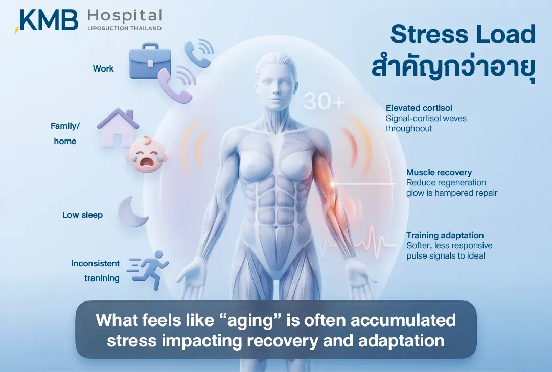 อินโฟกราฟิกอธิบายว่า Stress Load จากการทำงาน ภาระครอบครัว การนอนน้อย และการฝึกไม่สม่ำเสมอ อาจส่งผลต่อ Cortisol การฟื้นตัวของกล้ามเนื้อ และการปรับตัวจากการออกกำลังกายในวัย 30 ปีขึ้นไป
